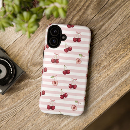 Pink Cherry Stripe Phone Case | Cute Coquette Aesthetic Protective Tough Case