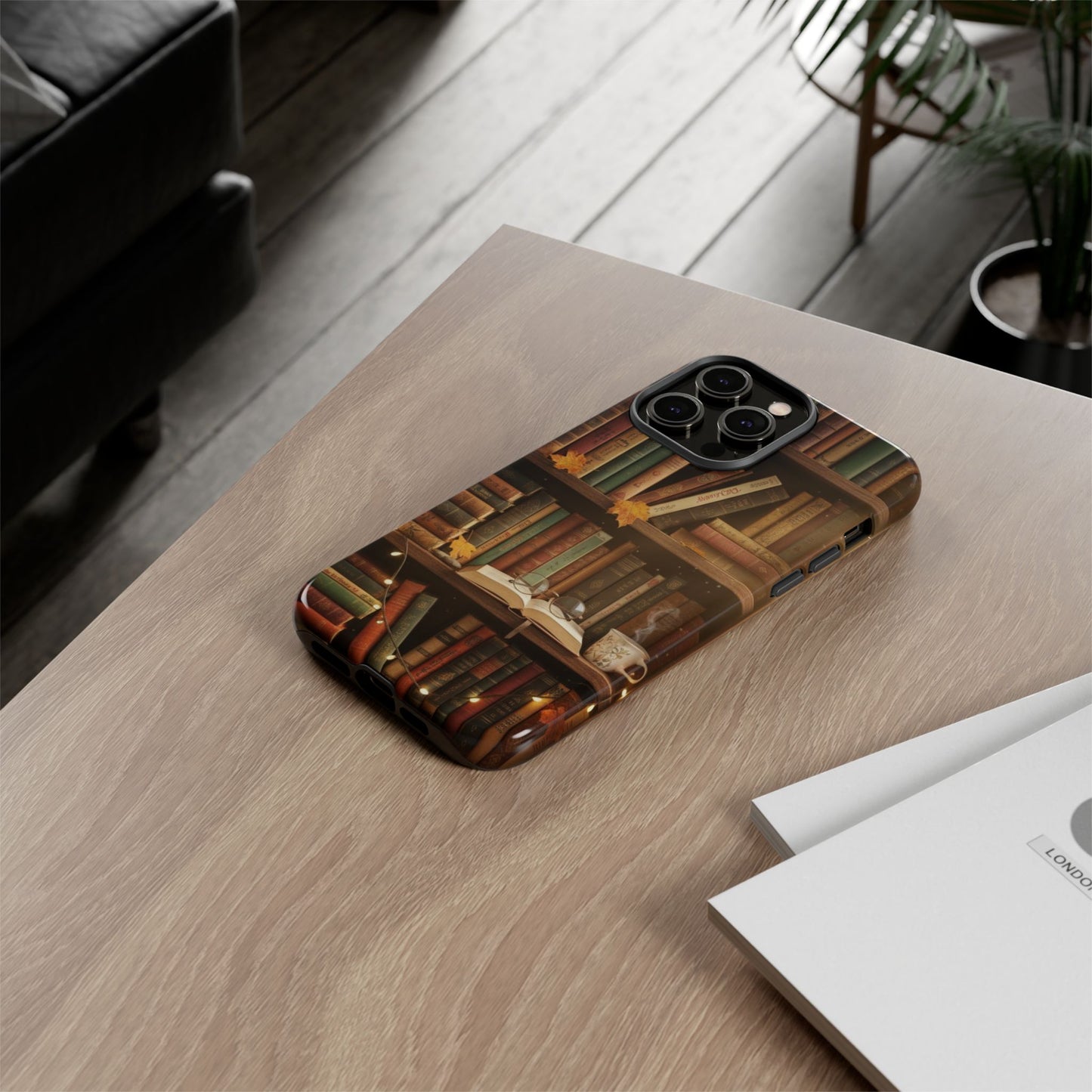 Cozy Vintage Bookshelf Phone Case, Library Aesthetic Book Stack, Autumn Coffee Vibes (iPhone, Samsung, Pixel)