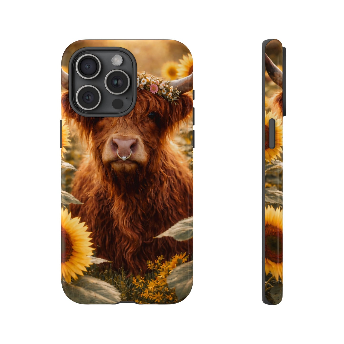 Highland Cow Sunflower Phone Case | Floral Farmhouse iPhone, Samsung Galaxy and Pixel Cover