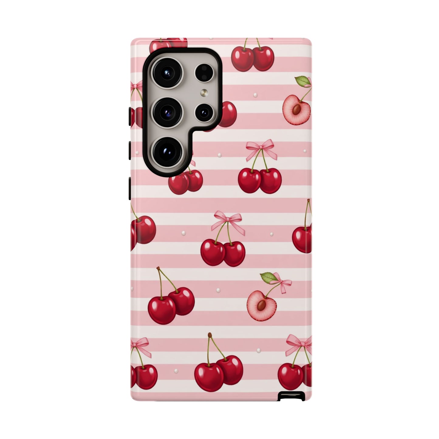 Coquette Cherry Bow Phone Case | Cute Pink Aesthetic Cherry Pattern Tough Case for iPhone & Samsung