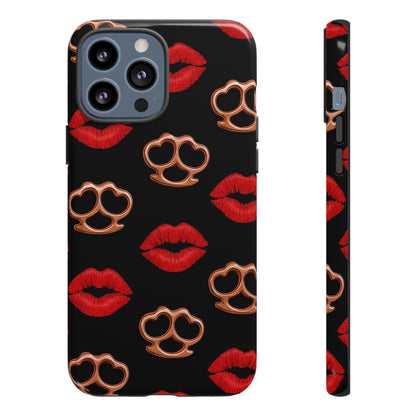 Red Lipstick & Knuckle Duster Phone Case | Bold Kiss Print Tough Protective Cover for Iphone, Samsung Galaxy and Pixel