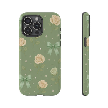 Vintage Rose Bow Phone Case – Sage Green Floral Coquette Aesthetic Tough Case (iPhone, Samsung, Pixel)