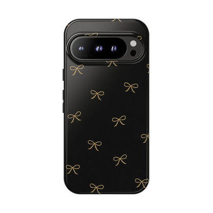 Black Phone Case with Gold Bow Pattern – Slim Protective Cute Aesthetic Cover for Iphone, Samsung Galaxy and Pixel