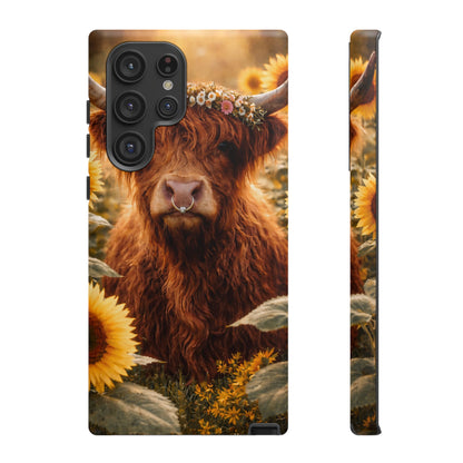 Highland Cow Sunflower Phone Case | Floral Farmhouse iPhone, Samsung Galaxy and Pixel Cover