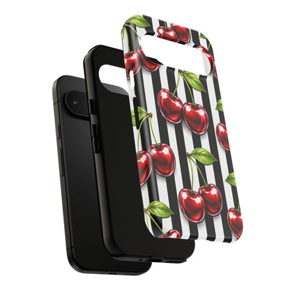Cherry Pattern Phone Case Black White Stripe Retro Aesthetic Tough Cover