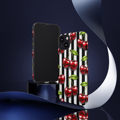 Cherry Pattern Phone Case Black White Stripe Retro Aesthetic Tough Cover