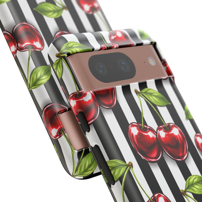 Cherry Pattern Phone Case Black White Stripe Retro Aesthetic Tough Cover