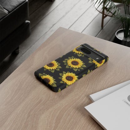 Sunflower Floral Tough Phone Case – Black Background Protective Cover for Iphone, Samsung Galaxy and Pixel