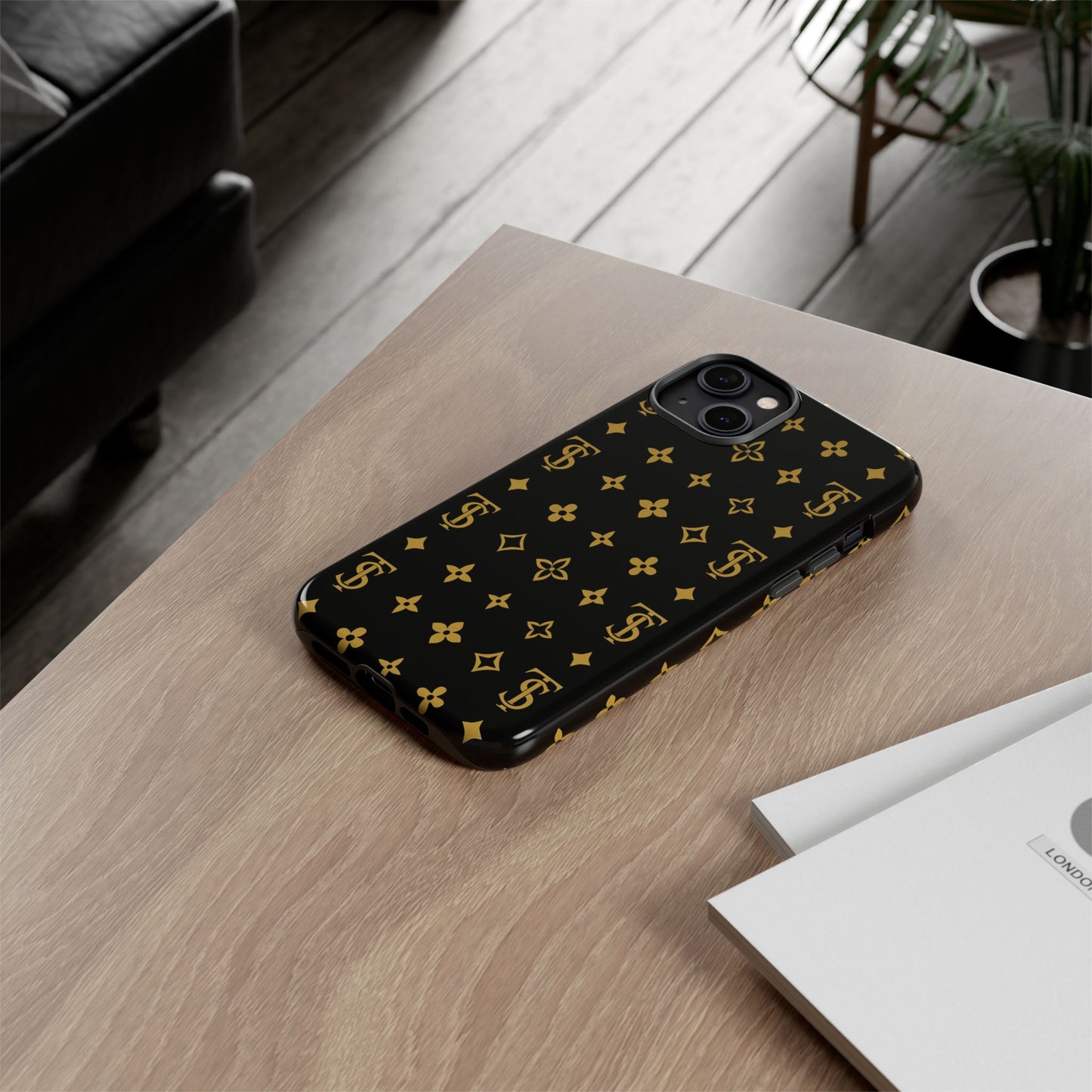 Gold Monogram Pattern Tough Phone Case | Black & Gold Luxury Design for Iphone, Samsung Galaxy and Pixel