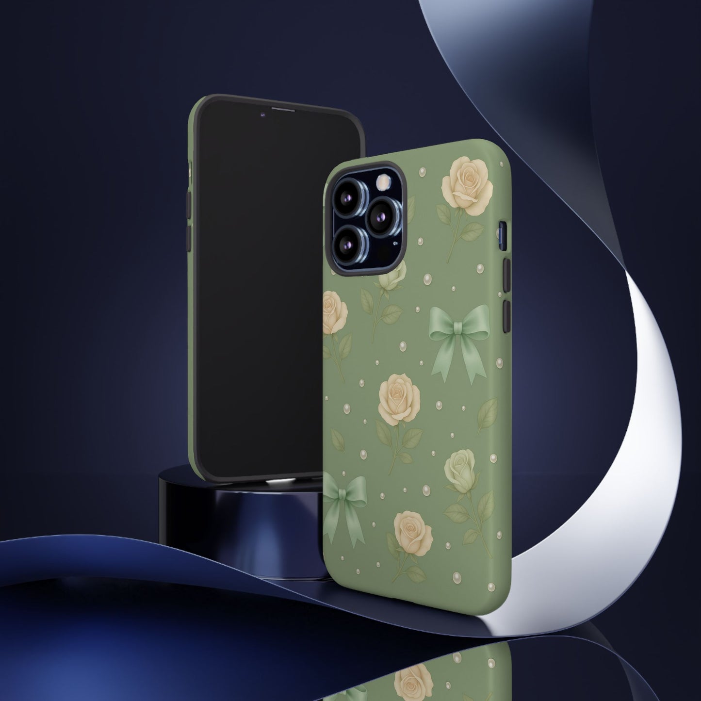 Vintage Rose Bow Phone Case – Sage Green Floral Coquette Aesthetic Tough Case (iPhone, Samsung, Pixel)
