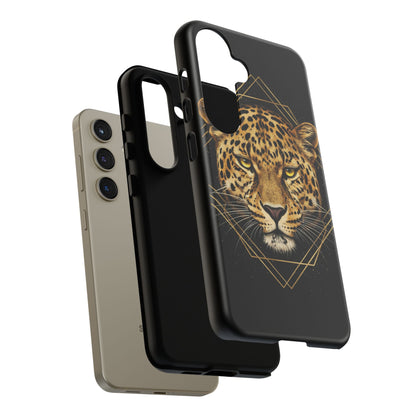 Leopard Head Geometric Phone Case – Black & Gold Luxe Tough Case