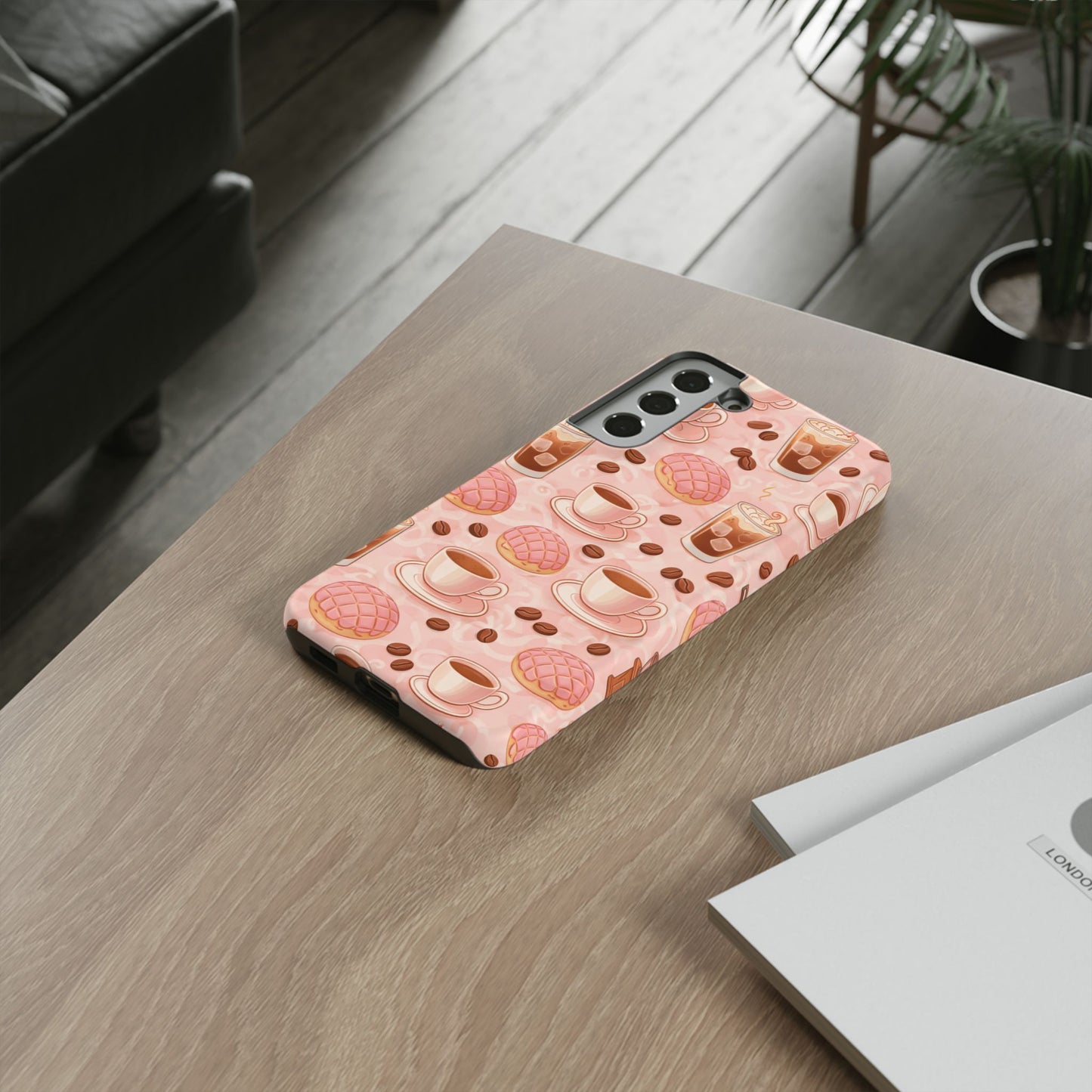 Cute Coffee & Pink Concha Phone Case – Coffee Lover Aesthetic Latte Pattern Tough Case