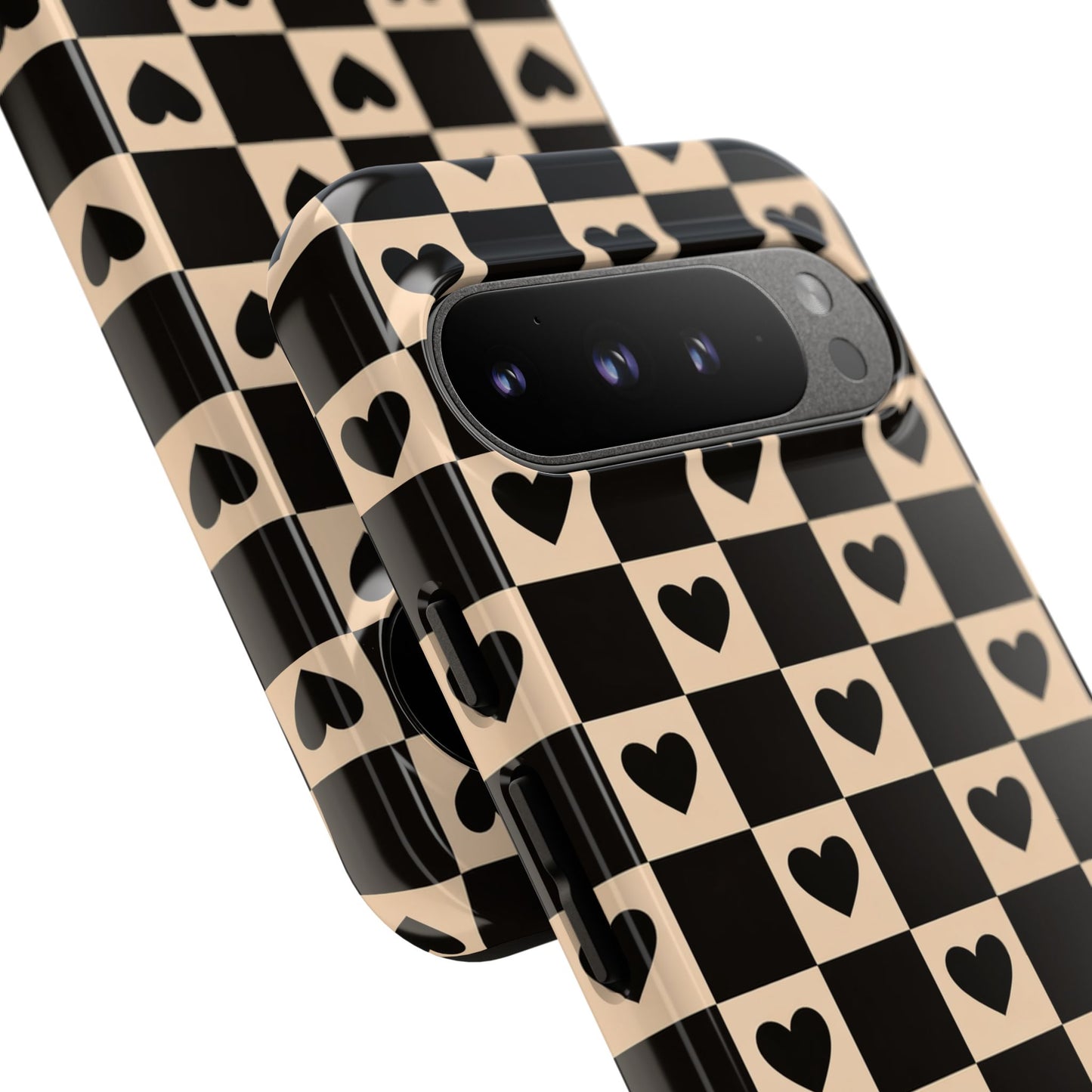 Checkerboard Heart Phone Case – Black & Beige Cute Aesthetic Protective Cover for Iphone, Samsung Galaxy and Pixel