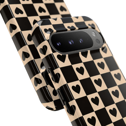 Checkerboard Heart Phone Case – Black & Beige Cute Aesthetic Protective Cover for Iphone, Samsung Galaxy and Pixel