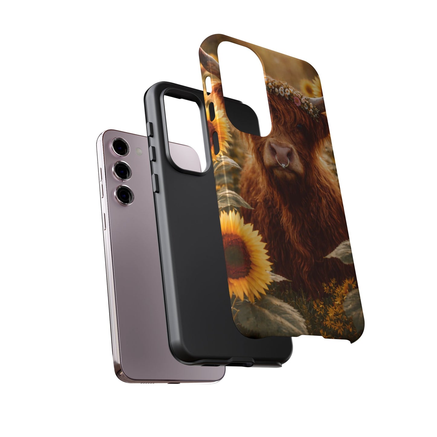 Highland Cow Sunflower Phone Case | Floral Farmhouse iPhone, Samsung Galaxy and Pixel Cover