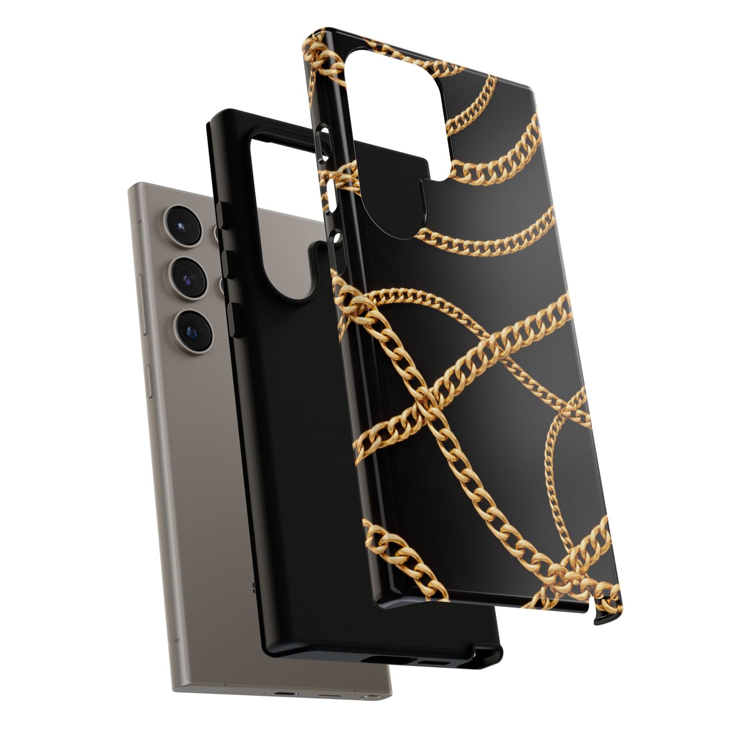 Luxury Gold Chain Phone Case – Black Designer Style Tough Protective Cover for Iphone, Samsung Galaxy and Pixel