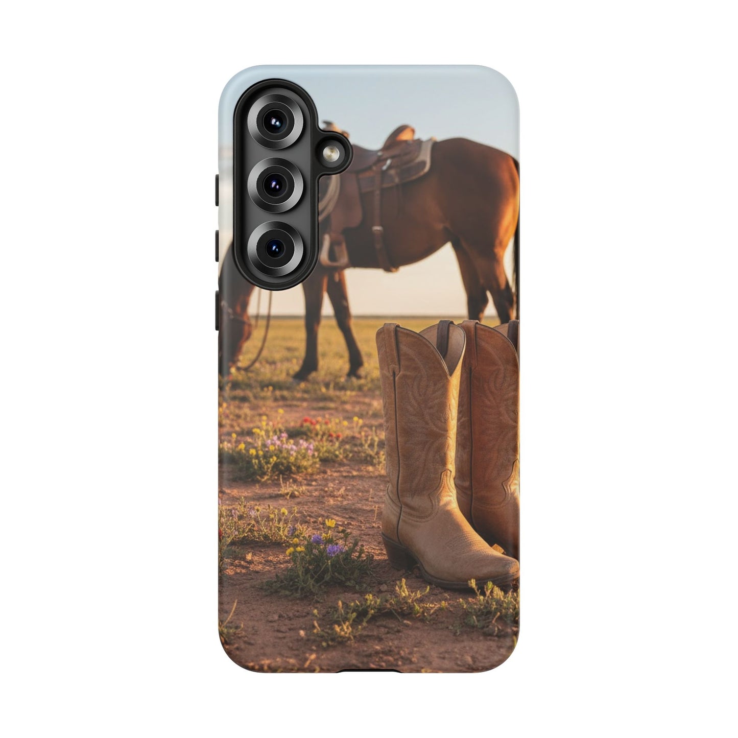 Western Cowboy Boots Phone Case – Rustic Horse Sunset Tough Case (iPhone, Samsung, Pixel)