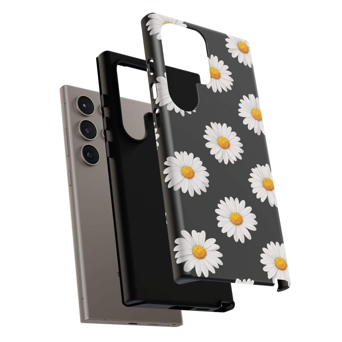 Black Daisy Floral Tough Phone Case – Cute Protective Cover for Iphone, Samsung Galaxy and Pixel