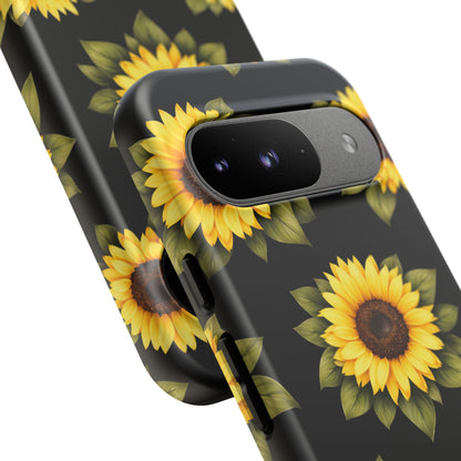 Sunflower Floral Tough Phone Case – Black Background Protective Cover for Iphone, Samsung Galaxy and Pixel