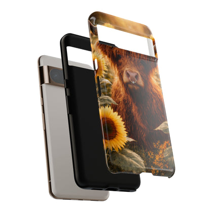 Highland Cow Sunflower Phone Case | Floral Farmhouse iPhone, Samsung Galaxy and Pixel Cover