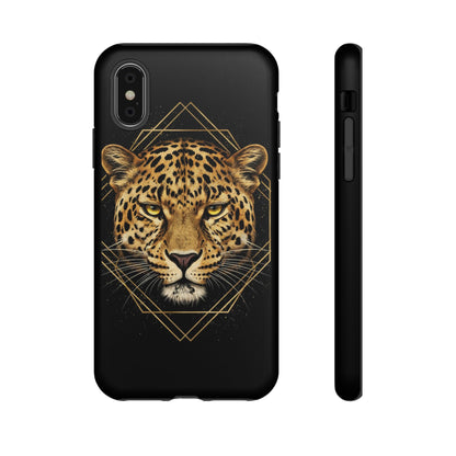 Leopard Head Geometric Phone Case – Black & Gold Luxe Tough Case