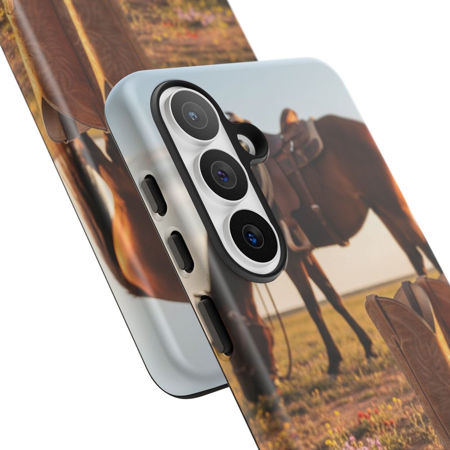Western Cowboy Boots Phone Case – Rustic Horse Sunset Tough Case (iPhone, Samsung, Pixel)
