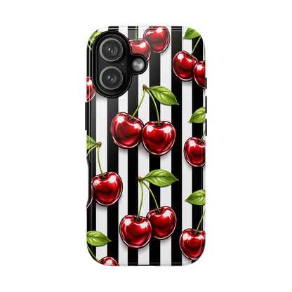 Cherry Pattern Phone Case Black White Stripe Retro Aesthetic Tough Cover
