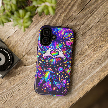 Rainbow Heart Hands Phone Case – Neon Galaxy EDM Festival Tough Cover