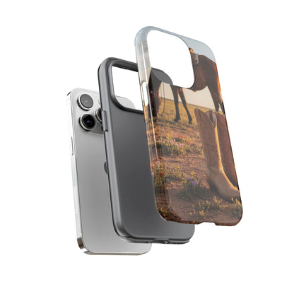 Western Cowboy Boots Phone Case – Rustic Horse Sunset Tough Case (iPhone, Samsung, Pixel)