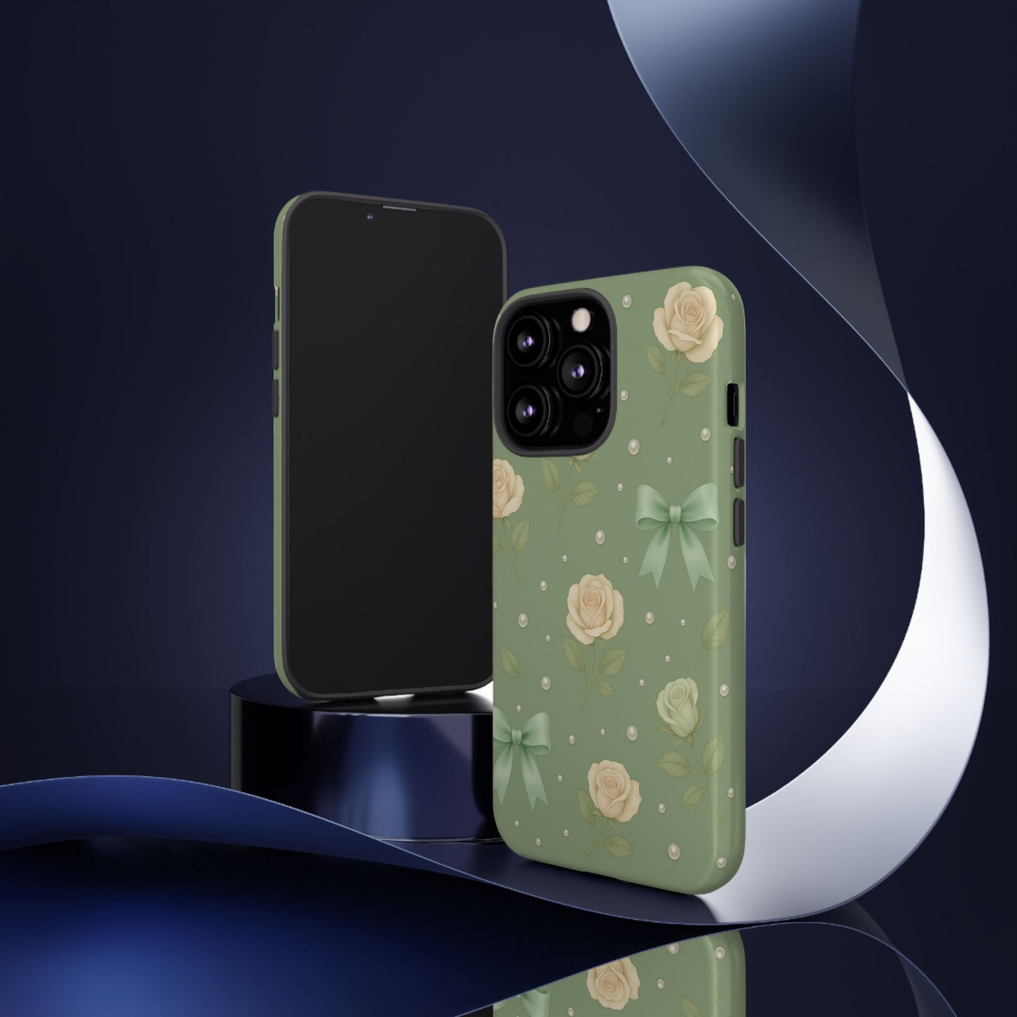 Vintage Rose Bow Phone Case – Sage Green Floral Coquette Aesthetic Tough Case (iPhone, Samsung, Pixel)