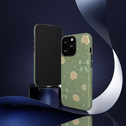 Vintage Rose Bow Phone Case – Sage Green Floral Coquette Aesthetic Tough Case (iPhone, Samsung, Pixel)