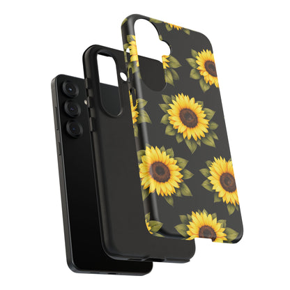 Sunflower Floral Tough Phone Case – Black Background Protective Cover for Iphone, Samsung Galaxy and Pixel