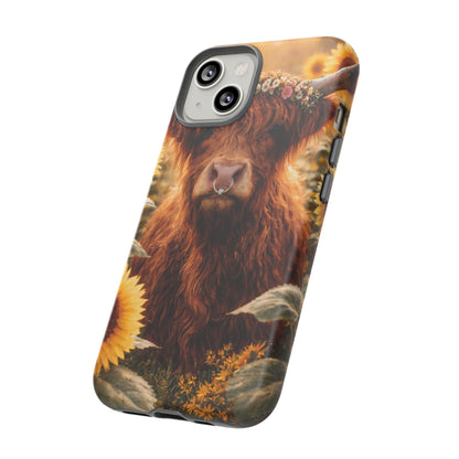 Highland Cow Sunflower Phone Case | Floral Farmhouse iPhone, Samsung Galaxy and Pixel Cover
