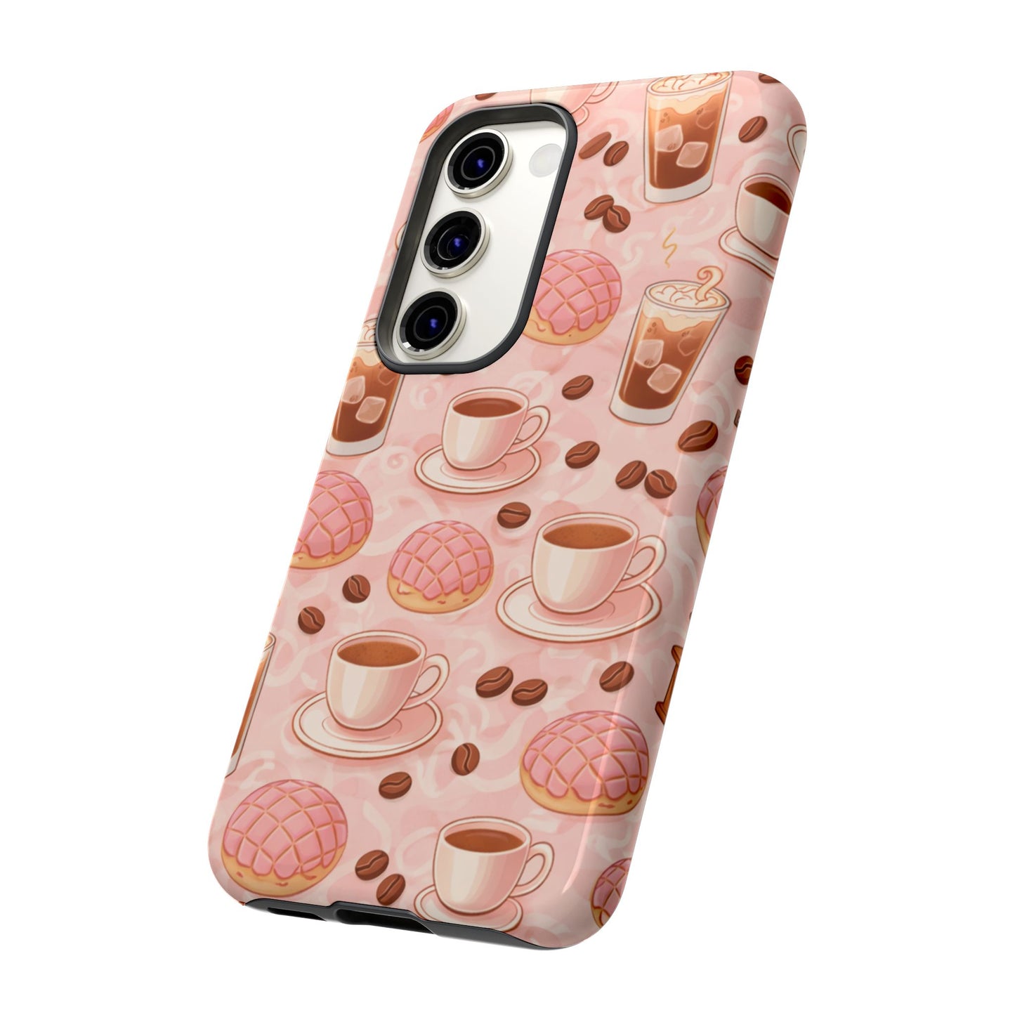 Cute Coffee & Pink Concha Phone Case – Coffee Lover Aesthetic Latte Pattern Tough Case
