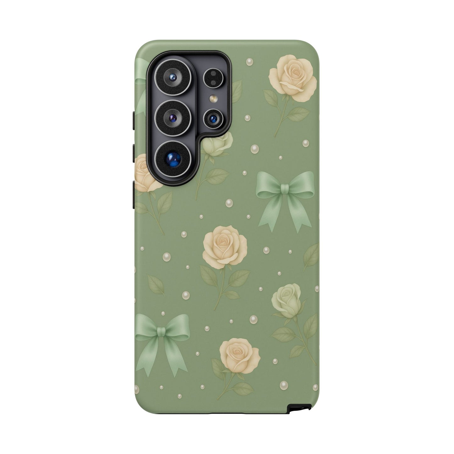 Vintage Rose Bow Phone Case – Sage Green Floral Coquette Aesthetic Tough Case (iPhone, Samsung, Pixel)