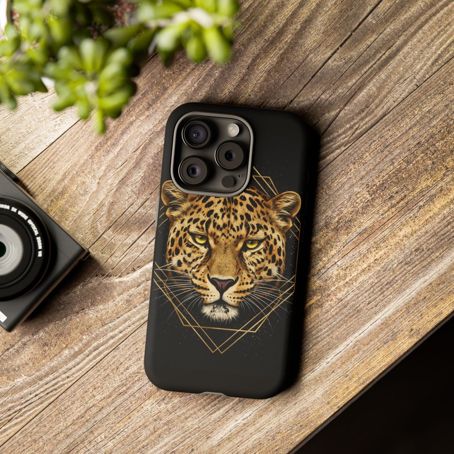 Leopard Head Geometric Phone Case – Black & Gold Luxe Tough Case