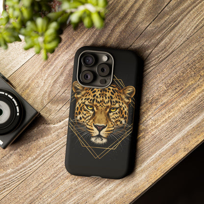 Leopard Head Geometric Phone Case – Black & Gold Luxe Tough Case