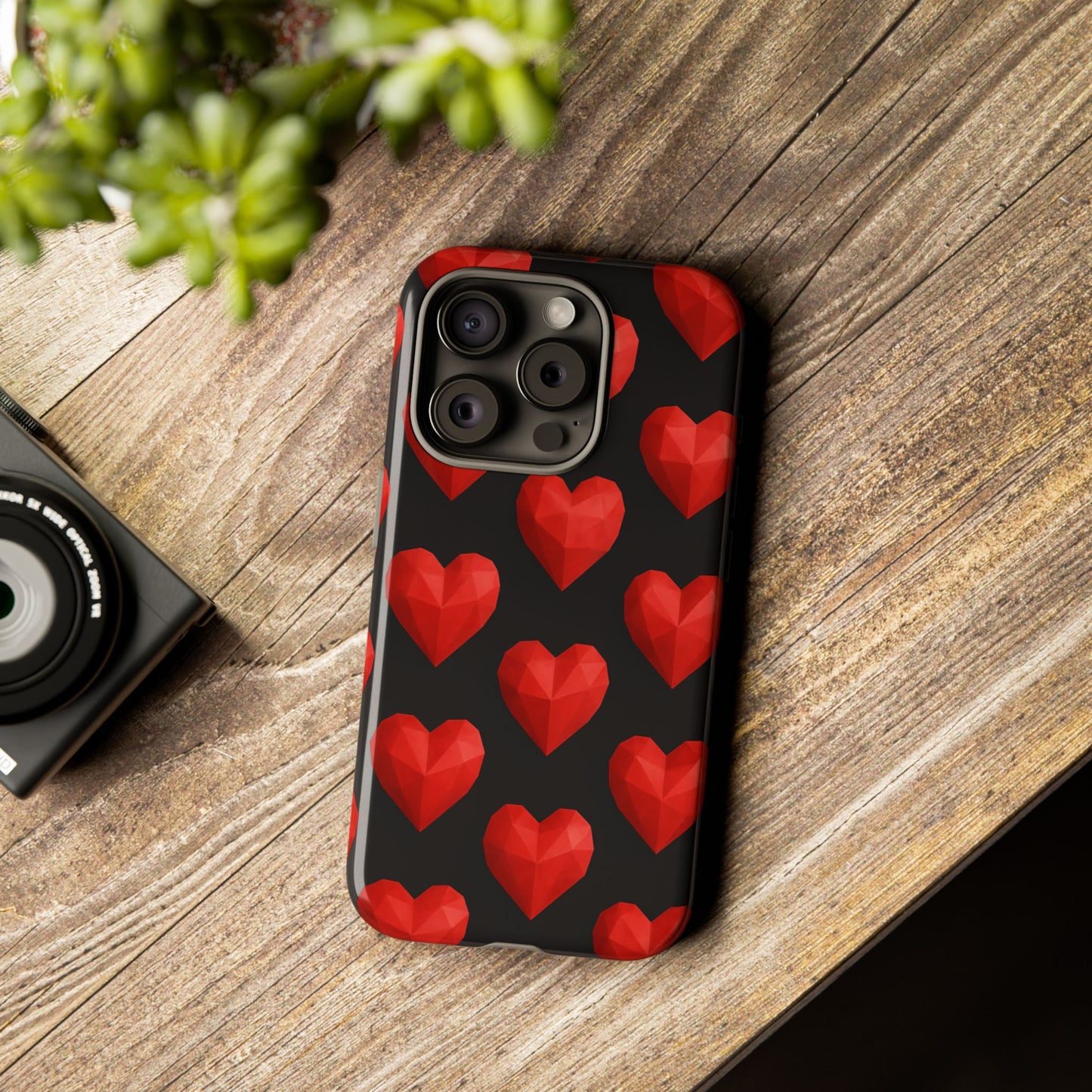Red Heart Phone Case – Geometric Heart Pattern Tough Case (Black)