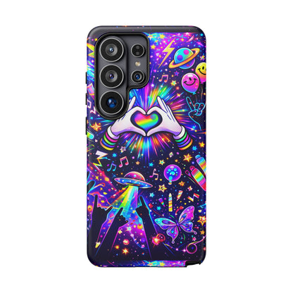 Rainbow Heart Hands Phone Case – Neon Galaxy EDM Festival Tough Cover