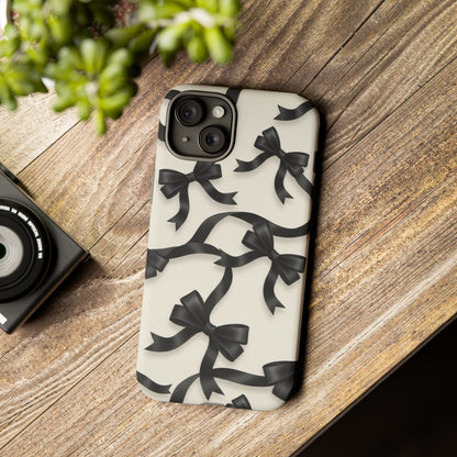 Black Ribbon Bow Phone Case, Minimal Bow Pattern Tough Protective Case