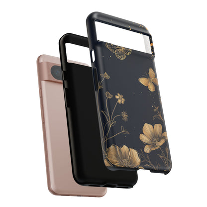 Gold Floral Butterfly Phone Case, Dark Aesthetic Botanical, Elegant Black Luxury iPhone Samsung Cover