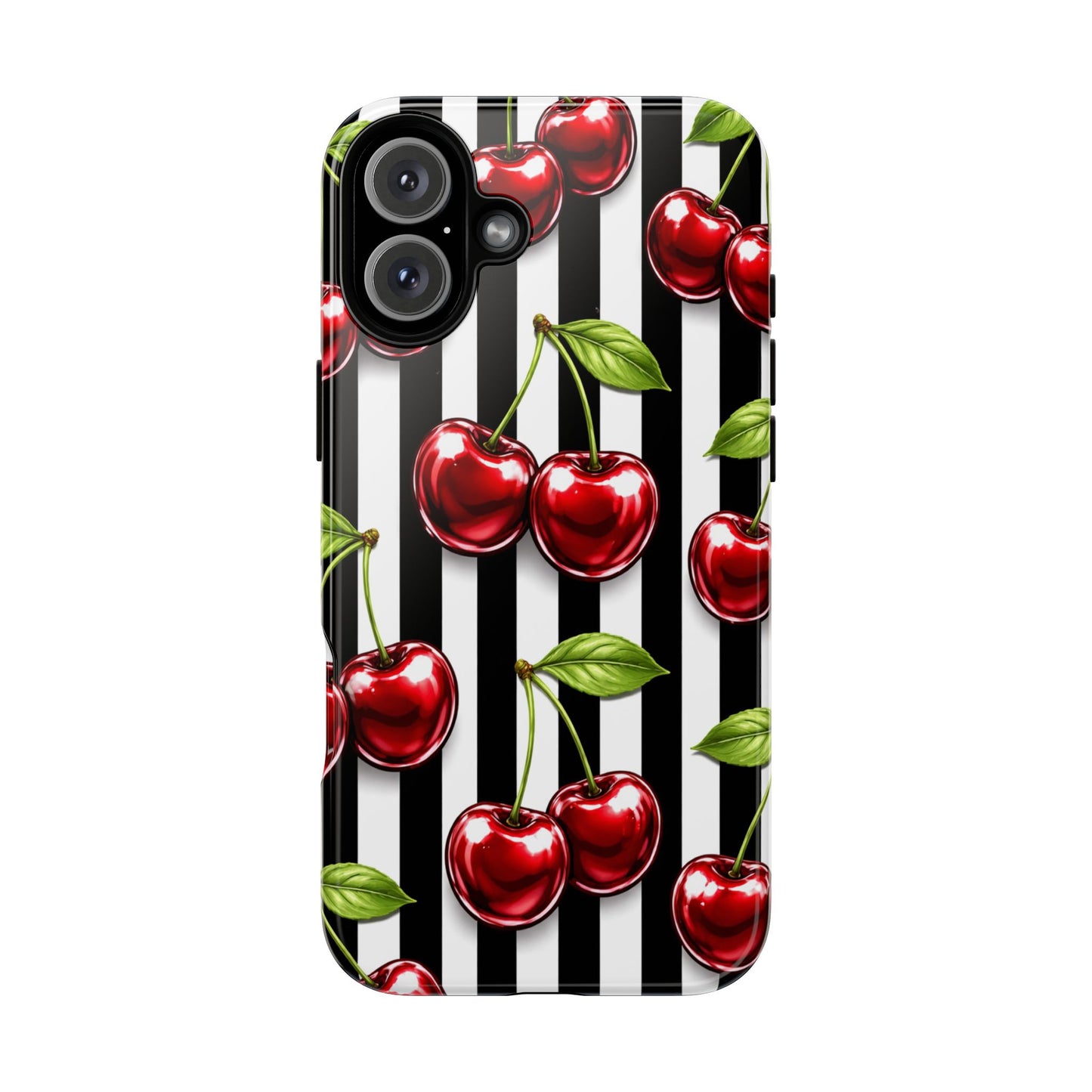 Cherry Pattern Phone Case Black White Stripe Retro Aesthetic Tough Cover