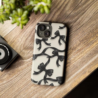 Black Ribbon Bow Phone Case, Minimal Bow Pattern Tough Protective Case
