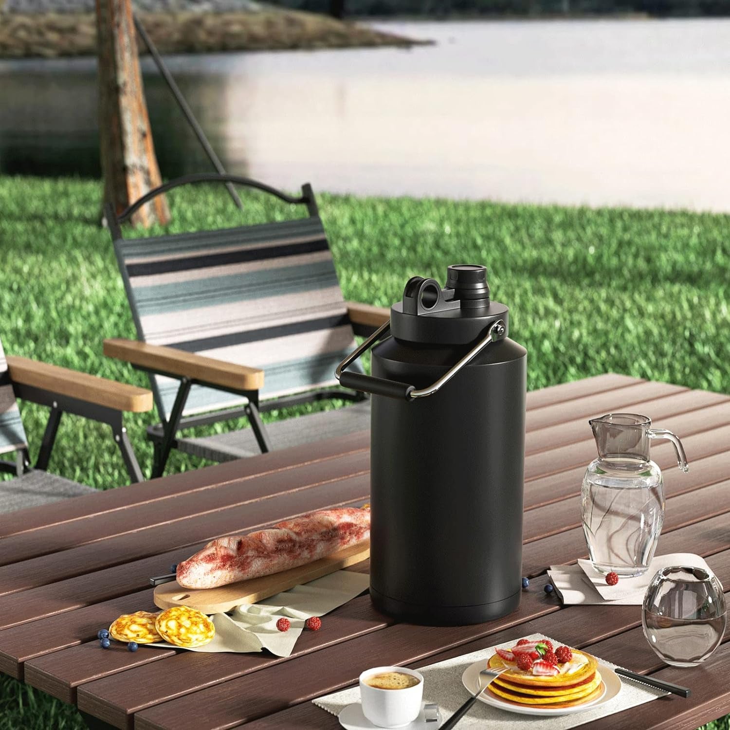 Insulated Jug with Handle, One Gallon, 128Oz Stainless Steel, Large Double Vacuum Water Bottle for Hot & Cold Drinks, Wide Mouth, Sweat Proof, Great for Travel, Hiking & Camping, Black