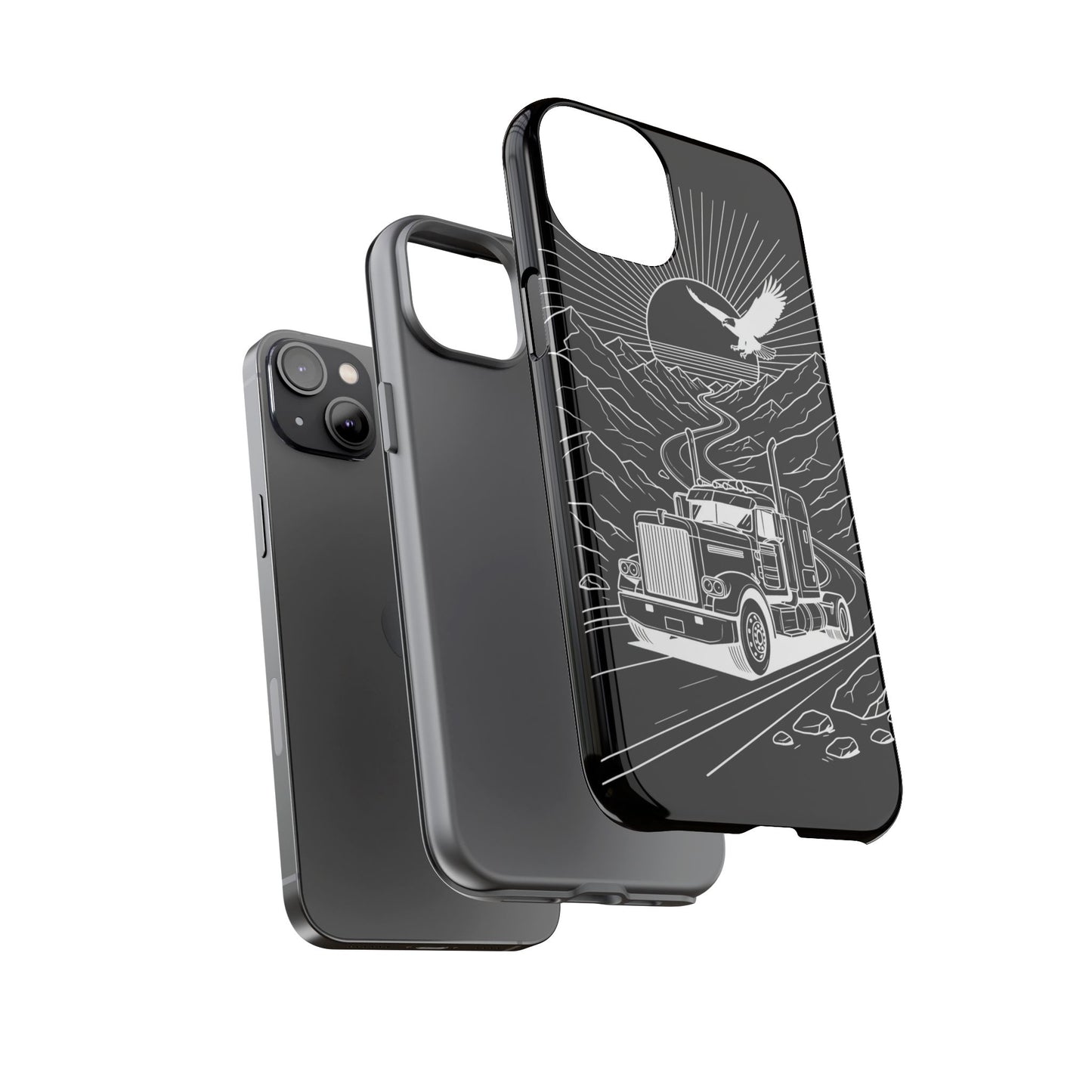 Trucker Highway Phone Case | Eagle & Mountain Line Art | Black Western Tough Case
