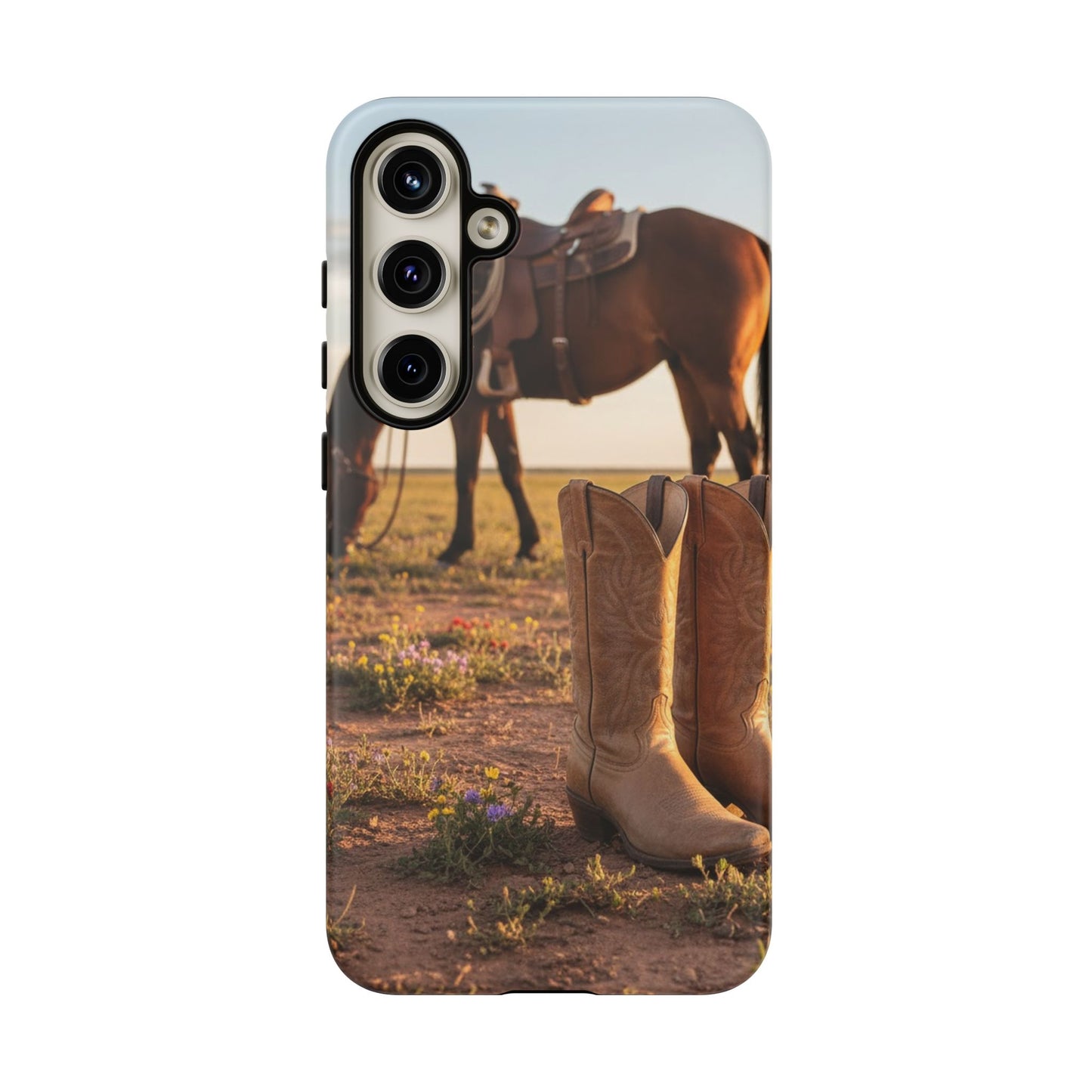 Western Cowboy Boots Phone Case – Rustic Horse Sunset Tough Case (iPhone, Samsung, Pixel)
