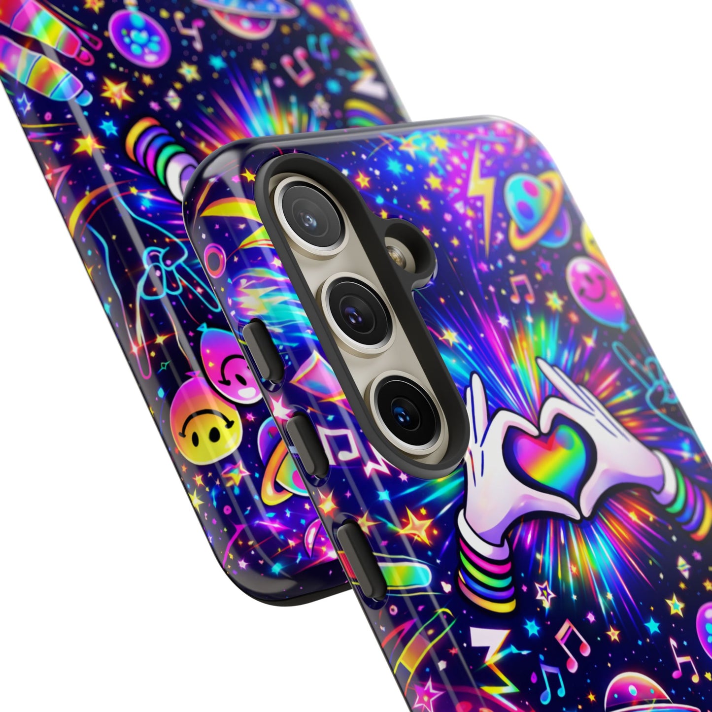 Rainbow Heart Hands Phone Case – Neon Galaxy EDM Festival Tough Cover