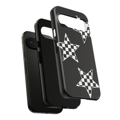 Checkered Star Tough Phone Case – Black Retro Graphic Protective Cover for Iphone, Samsung Galaxy and Pixel