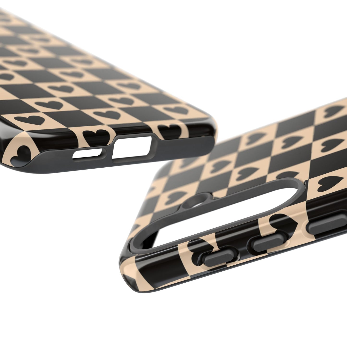 Checkerboard Heart Phone Case – Black & Beige Cute Aesthetic Protective Cover for Iphone, Samsung Galaxy and Pixel