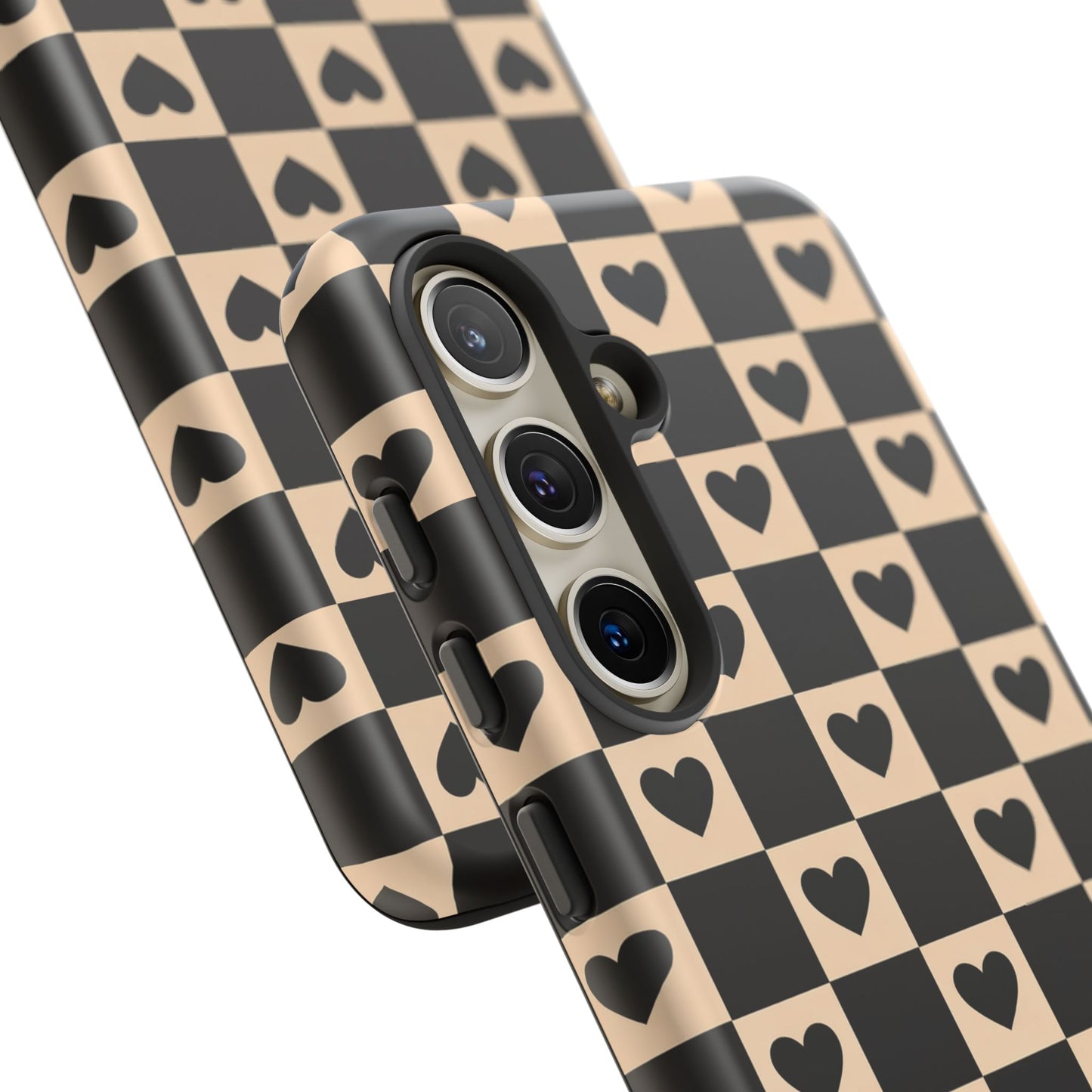 Checkerboard Heart Phone Case – Black & Beige Cute Aesthetic Protective Cover for Iphone, Samsung Galaxy and Pixel